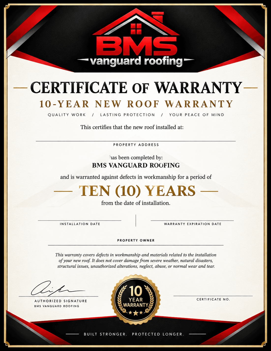BMS Vanguard Roofing 10-year workmanship warranty certificate
