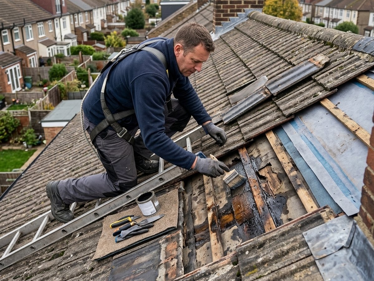 Roofer sealing a leak on a damaged section of roof