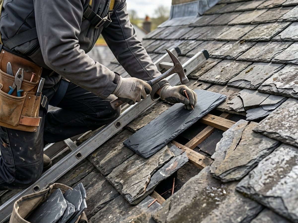 New slate being fixed into a slate roof